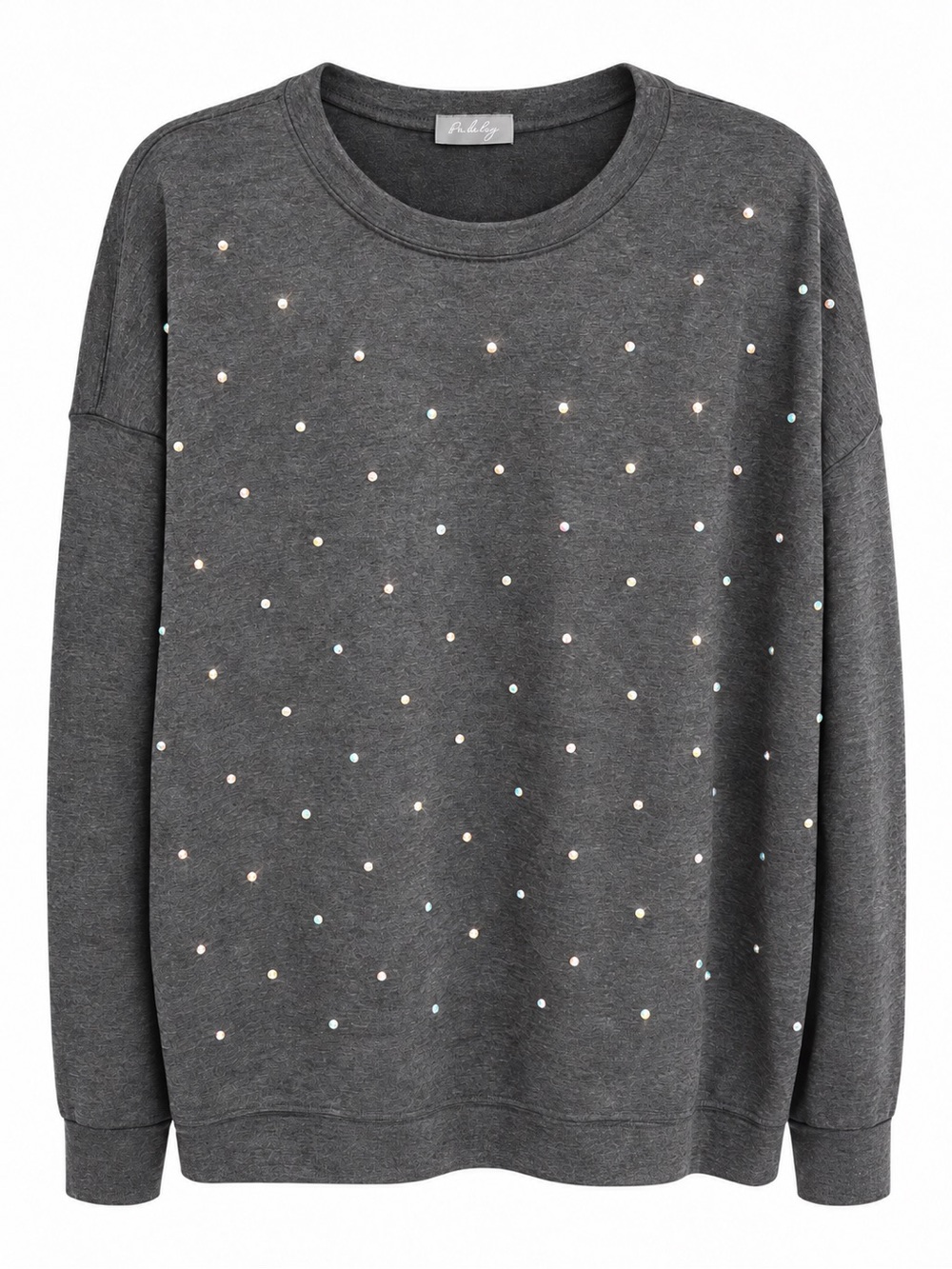 Charcoal Crewneck Sweater with Iridescent Dot Embellishments